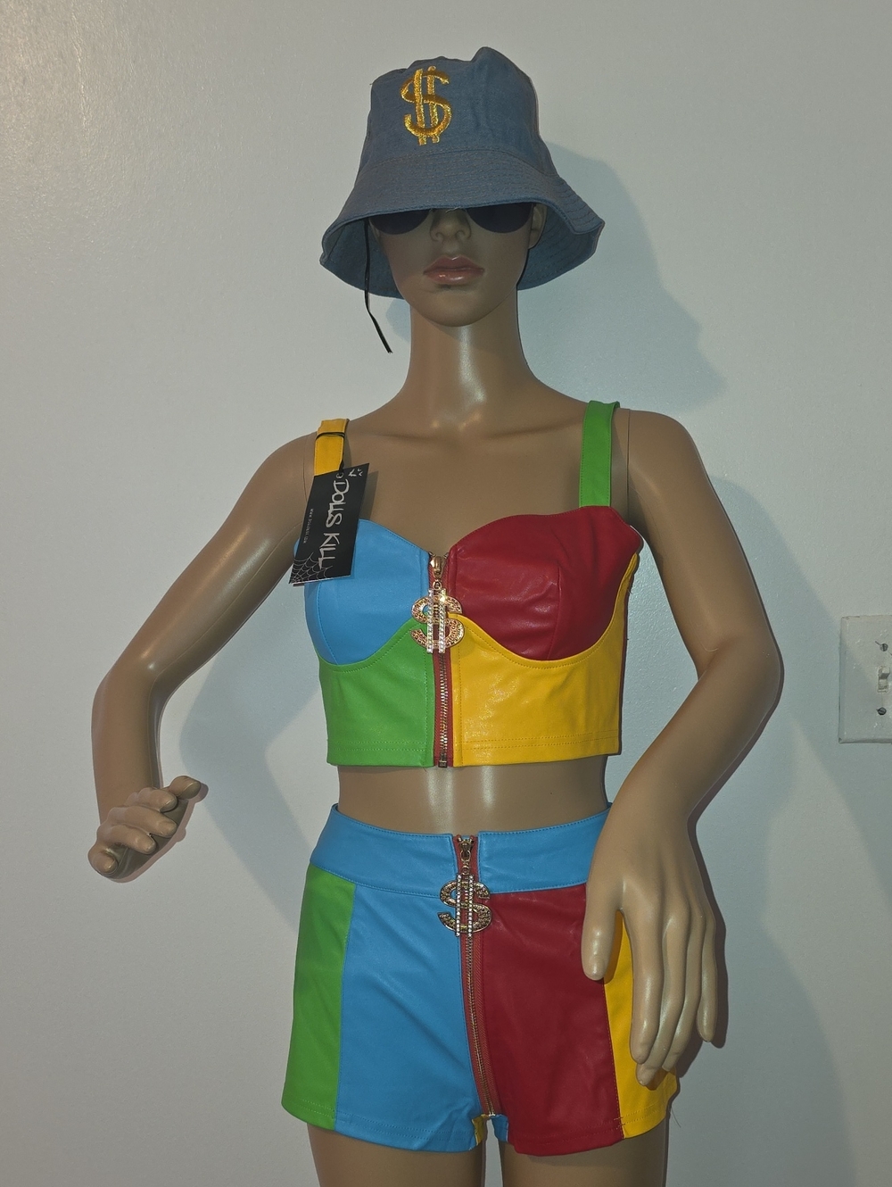 Dolls Kill Multicolor Faux Leather Zip Crop Top - Red Blue Green Yellow